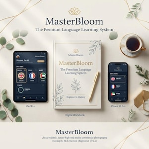 May include: A MasterBloom language learning set featuring a tablet, a smartphone, and a workbook. The devices display a dark interface with language options including English, French, and Arabic. A gold pen rests on the white workbook cover.