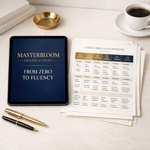 Peut inclure: Une tablette affichant le logo Masterbloom English Academy et le texte From Zero to Fluency, accompagnée d'un tableau imprimé de curriculum CEFR, deux stylos, une coupelle dorée et une tasse de café blanche sur une surface claire.