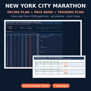 Op de afbeelding: Een digitaal New York City Marathon pacing plan, pace band en trainingsschema. Het document heeft een donkerblauwe achtergrond met witte tekst, inclusief een gedetailleerde kilometer-tabel, een printbare pace band en labels voor Excel en Google Sheets compatibiliteit. De tekst luidt PaceYourself, New York City Marathon en Every split from YOUR goal time.