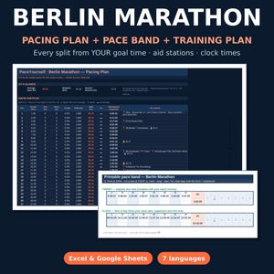 Tempoplan voor de marathon van Berlijn | Interactieve tempografiek, printbare tempoband + trainingsschema | Excel & Google Sheets | 7 talen