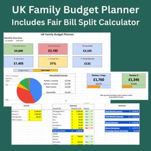 UK Family Budget Planner | Couples Budget Spreadsheet | Bill Split Calculator | Savings Tracker | Google Sheets Template