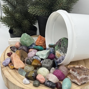 May include: A variety of colorful gemstones spilling from a white container onto a wooden tray. The gemstones include shades of green, pink, purple, orange, and brown. A small evergreen plant in a black pot is in the background.
