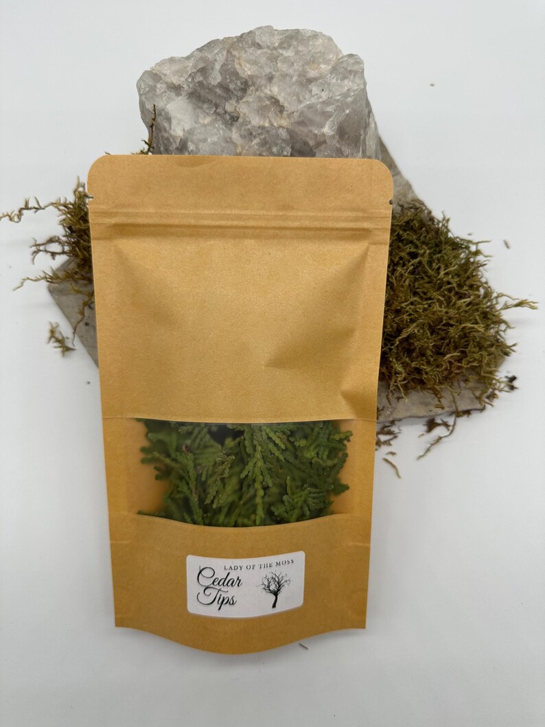 Może przedstawiać: Brązowa papierowa torba z przezroczystym okienkiem, wypełniona zielonymi końc&oacute;wkami cedru. Torba ma etykietę z napisem "Lady of the Moss Cedar Tips" z grafiką drzewa. Torba jest ustawiona na tle szarej skały i zielonego mchu.