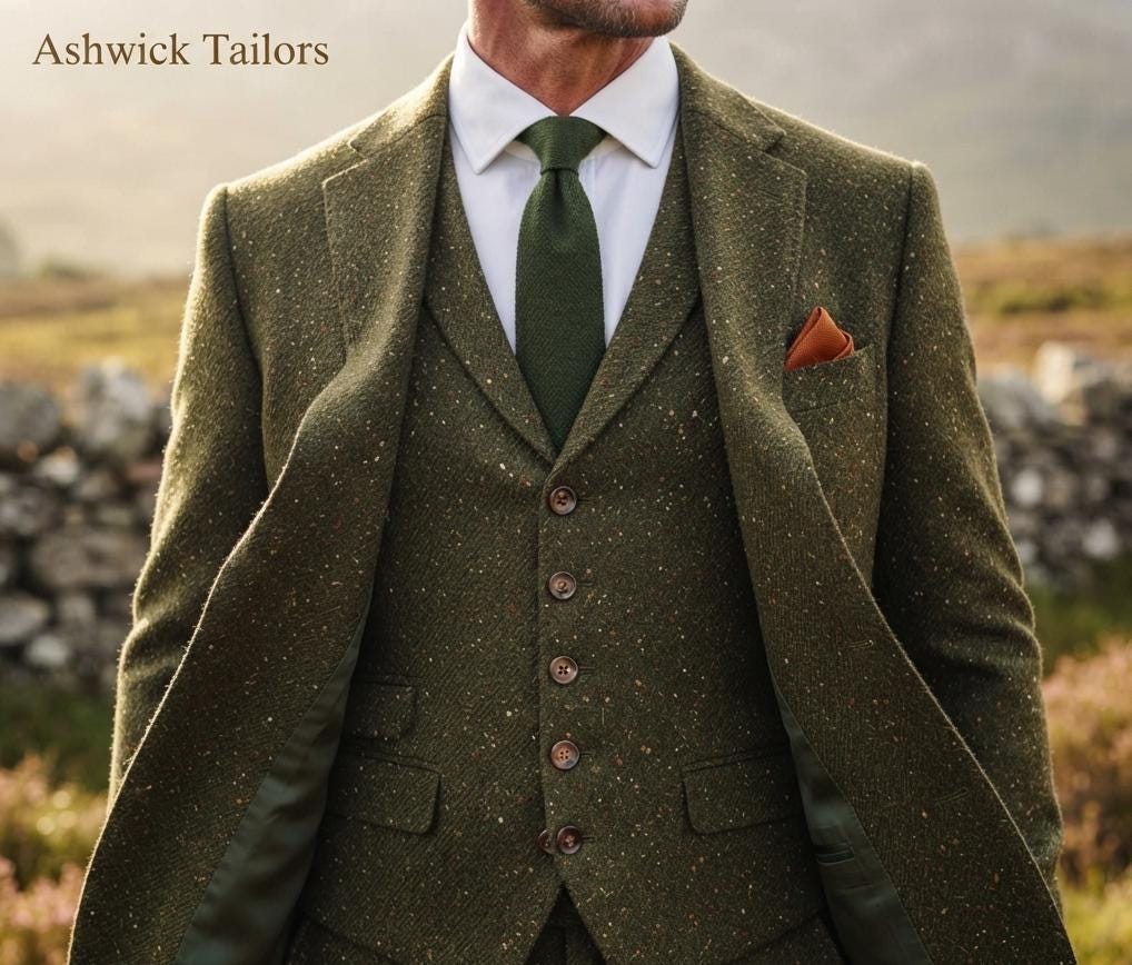 Olive Donegal Tweed 3 Piece Suit Men's Heritage British Wool Wedding Suit