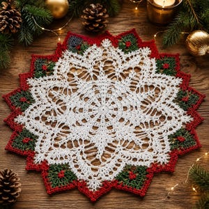 May include: A round, intricate crochet doily featuring a central white snowflake-like pattern. The outer border consists of alternating dark green and red sections with small red accents, creating a star-shaped edge with pointed, decorative tips.