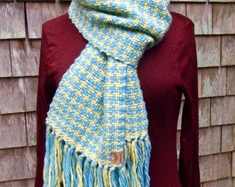 Handwoven Winter Scarf, “Sunny Day” Houndstooth Tweed in Sky Blue and Sun Yellow, free postage