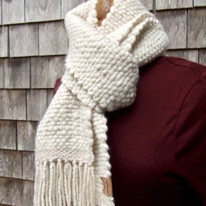 Handwoven Winter Scarf, Tweed, in White and Beige on White, free postage