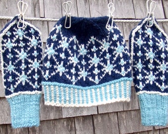 Knitting Pattern - Midnight Snowfall Hat & Mittens, child's, women's stranded colorwork hat and Norwegian-style mittens, PDF pattern