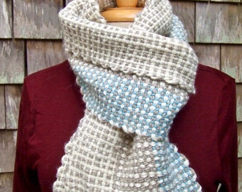 Handwoven Winter Scarf, Wide Tweed Stripes in Blue, Sand, and White. free postage