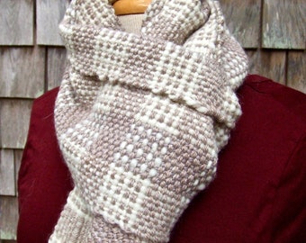 Handwoven Winter Scarf, Checkerboard Tweed, in Sand and White, free postage