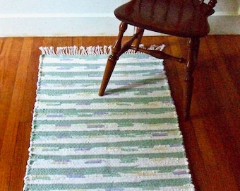 Handwoven The Un-Stripe Rag Rug!, green stripes, 26.5" x 37.5", recycled fabrics, farmhouse country rug, free shipping