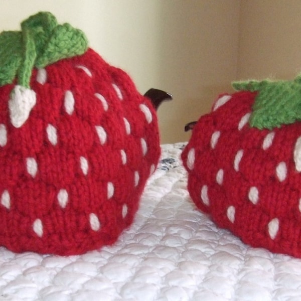 Knitting Pattern–Spouted Strawberry Tea Cozy, knit strawberry fruit leaves spout tea cozy PDF pattern, in English Only