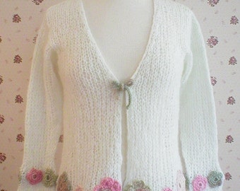 Knitting Pattern – Breath of Spring, ladies' women's knit and crochet light weight floral motif cardigan, PDF pattern, in English Only