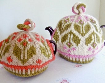 Knitting Pattern – Springtime Tea Cozy, fits 2-3 cup and 3-4 cup teapots, with spout and handle openings, PDF pattern, in English Only