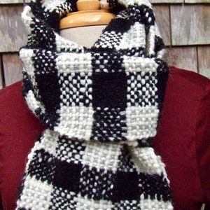 Handwoven Winter Scarf, Checkerboard Tweed Plaid in Black, Lt. Grey, and White, free postage