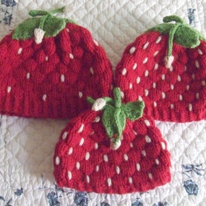 Knitting Pattern – Strawberry Hats, knit strawberry small medium child, adult hat beanie cloche cap with leaves PDF pattern, in English Only