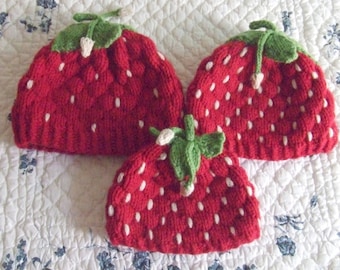 Knitting Pattern–Strawberry Hats, knit strawberry small & medium child adult hat beanie cloche with leaves PDF pattern, in English Only