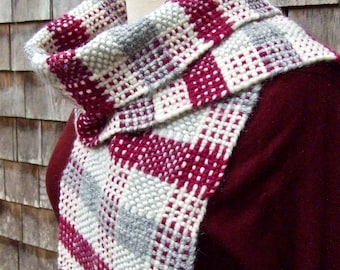 Handwoven Winter Scarf, Checkerboard Tweed Plaid in Fuchsia, Lt. Grey, and White, free postage