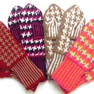 May include: Four pairs of knitted mittens in various colors and patterns. The mittens are made with a houndstooth pattern in red, pink, brown, and purple.