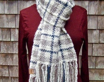 Handwoven Tattersall Plaid Winter Scarf in White, Sand, and Stormy Blues, free postage