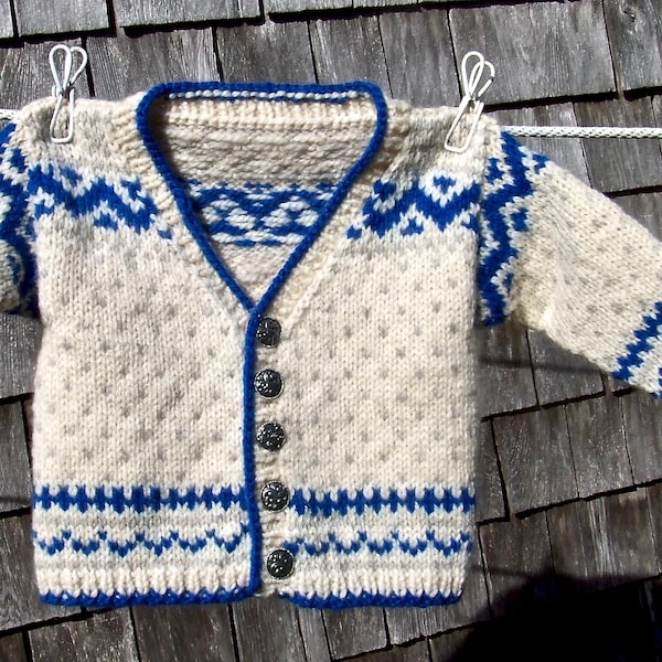 Knitting Pattern – Nordic Baby Cardigan, newborn to 12 mos., heavy worsted wt. yarn, easy to follow charts, PDF pattern, in English Only