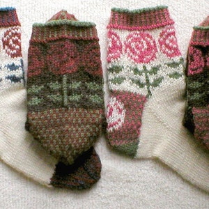 Knitting Pattern – Art Nouveau Rose Socks, knit clog color pattern socks, in Peer Gynt, PDF pattern, in English Only