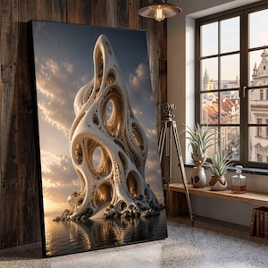 Futuristische organische Architektur auf Leinwand, surrealer Turm als Wandbild, modernes abstraktes Gebäude, Naturlichtspiel auf Leinwand, Wohndekoration