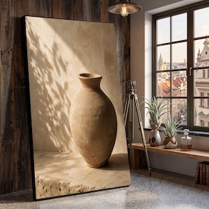 Puede incluir: Una gran pieza de arte mural enmarcada de forma rectangular que presenta una impresión de alta resolución de un jarrón de arcilla beige texturizado sobre una superficie de piedra. La imagen muestra luz natural con sombras de hojas.