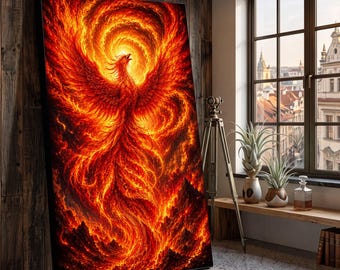May include: A large rectangular wall art piece featuring a vibrant phoenix rising from a swirling vortex of intense orange, red, and yellow flames. The mythical bird is depicted with wings spread wide, soaring upward amidst a fiery, textured landscape.