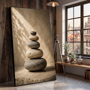 May include: A large rectangular wall art print featuring a vertical stack of five smooth, rounded stones in shades of gray and beige, set against a textured, light-colored background with soft, dappled shadows cast across the surface.
