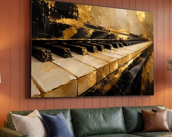May include: A rectangular wall art print featuring a close-up perspective of piano keys. The artwork uses a high-contrast colour palette of deep black and metallic gold, with textured brushstrokes creating a layered, abstract appearance across the keys.