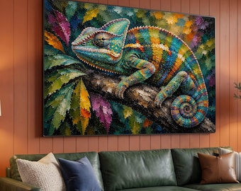 May include: A rectangular wall art print featuring a vibrant, multi-coloured chameleon perched on a textured tree branch. The artwork uses thick, visible brushstrokes to depict the lizard in shades of blue, green, yellow, and orange.