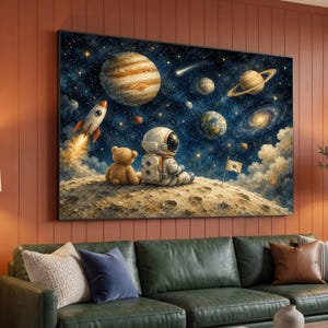 Whimsical Space Adventure Canvas, Astronaut and Teddy Bear Wall Art, Planet and Rocket Illustration, Kids Room Decor, Outer Space Canvas