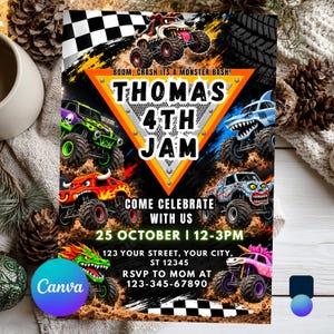 May include: A rectangular party invitation featuring monster trucks in green, red, blue, and pink. Text reads: BOOM, CRASH ITS A MONSTER BASH! THOMAS 4TH JAM. COME CELEBRATE WITH US 25 OCTOBER | 12-3PM. 123 YOUR STREET, YOUR CITY, ST 12345. RSVP TO MOM AT 123-345-67890.