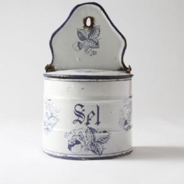 French enamel salt cellar white/blue vintage