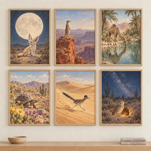 Peut inclure: Un ensemble de six cadres muraux illustrant des animaux du désert, dont un fennec sous une pleine lune, un suricate sur une falaise, un chameau à une oasis, une tortue dans des fleurs sauvages, un grand géocoucou et un hibou.