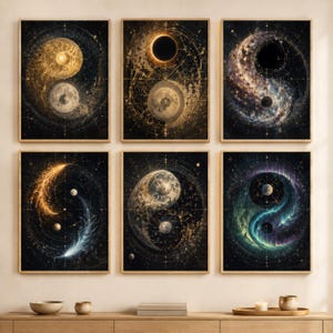 May include: A set of six rectangular wall art prints featuring celestial yin and yang motifs. Each print displays intricate astronomical charts, planetary spheres, and nebulae in gold, blue, purple, and black tones, arranged in a grid pattern.