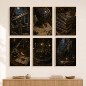 May include: A set of six framed wall art prints featuring dark, atmospheric scenes including a brass telescope by a window, a celestial globe, a stack of antique books, a quill and inkwell, a mechanical orrery, and a dimly lit study with a lantern.