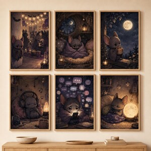 May include: A set of six framed wall art prints featuring a small grey bat character in various scenes: at a party, wrapped in a blanket, drinking tea under a full moon, wearing headphones, using a smartphone with chat bubbles, and sleeping by a moon lamp.