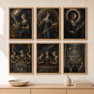 May include: A set of six framed wall art prints depicting mythological figures in dark, celestial settings. The images feature women spinning cosmic threads, measuring destiny with scales, cutting life cords, weaving constellations, and observing a tree.