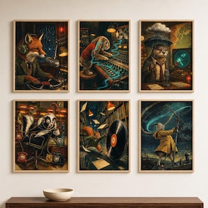 Peut inclure: Un ensemble de six impressions murales encadrées représentant des animaux anthropomorphes dans divers décors, dont un renard sur une platine, un lapin à une console de mixage, une loutre avec un parapluie, une mouffette avec des téléphones, un écureuil avec un disque vinyle et une chèvre avec une antenne radio.