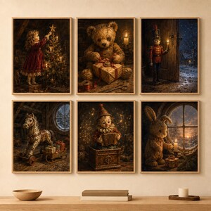 Könnte beinhalten: Ein Set aus sechs gerahmten Wandbildern mit nostalgischen Weihnachtsszenen: ein Kind beim Schmücken eines Baumes, ein Teddybär mit Geschenk, ein Spielzeugsoldat, ein Schaukelpferd, ein Clown in einer Spieluhr und ein Hase am Fenster.