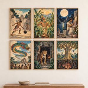 May include: A set of six framed wall art prints depicting Mesoamerican scenes. The images feature a ball game, a person in a cornfield, a figure weaving under a full moon, a feathered serpent over a pyramid, a jaguar in a stone temple, and a large tree.