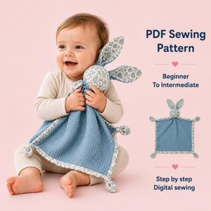 May include: A PDF sewing pattern for a blue waffle-knit security blanket with a floral-patterned bunny head and ears. The text reads PDF Sewing Pattern, Beginner To Intermediate, and Step by step Digital sewing, featuring a small pink heart icon.