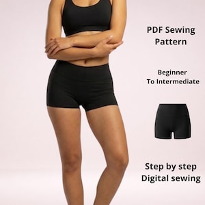 May include: A black sports bra and matching high-waisted shorts. Text on the right reads: PDF Sewing Pattern, Beginner To Intermediate, and Step by step Digital sewing. A small graphic of the black shorts is also displayed on the right side.