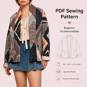 May include: A quilted jacket featuring a patchwork design of dark blue, grey, and muted orange floral patterns. The text reads PDF Sewing Pattern, Beginner To Intermediate, A4, A0, US Letter, Layered Sizes, and Instant Download with a line drawing.