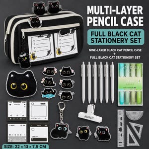 May include: A black multi-layer pencil case with white trim, accompanied by a stationery set featuring black cat motifs, six white pens, a set of green highlighters, a white binder clip labeled Hello!!, rulers, and various cat-themed stickers.