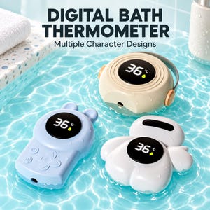 Könnte beinhalten: Drei digitale Badethermometer in Hellblau, Beige und Weiß, jeweils mit einem runden schwarzen Display, das 36 Grad Celsius und ein gelbes Wassertropfensymbol anzeigt. Der Text DIGITAL BATH THERMOMETER Multiple Character Designs ist sichtbar.