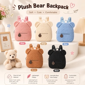 May include: Five plush bear backpacks in pink, beige, blue, brown, and black. Each backpack features rounded bear ears, a front zippered pocket with a circular pull, and adjustable shoulder straps. The text Plush Bear Backpack is displayed.