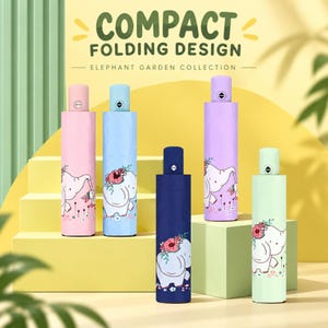 Puede incluir: Cinco paraguas plegables compactos de la colección Elephant Garden, en colores pastel y azul oscuro con ilustraciones de elefantes y flores. Cada paraguas tiene un mango cilíndrico con un botón y el texto COMPACT FOLDING DESIGN.
